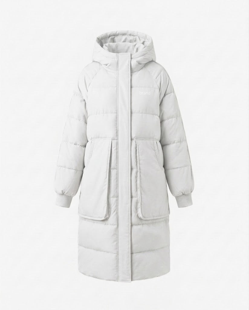 Women's longer padded hooded coat with oversized patch pockets, elastic cuffs, and concealed two-way zipper