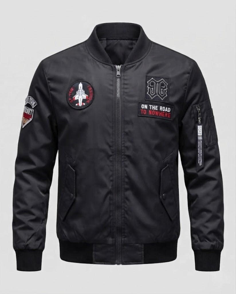Men's Short Bomber Jacket with Patch Applications, Nylon Outer Material and Quilted Inner Lining EVA-US