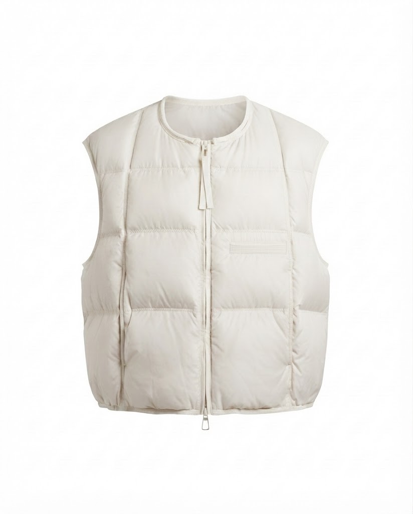 Women's ultra-lightweight padded sleeveless thermal vest with round neckline, square quilting, and adjustable drawstring hem.
