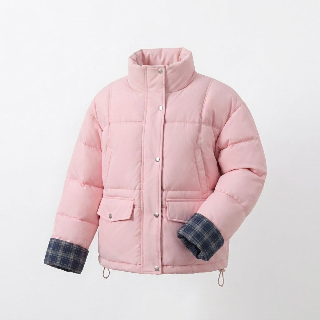 Women's short padded boxy blouson with checked lining, high collar and patch flap pockets