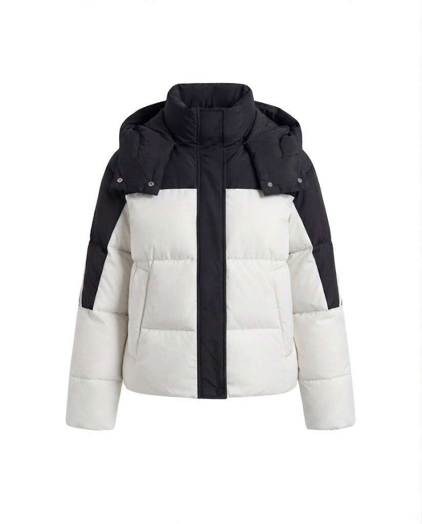 Women's short two-tone quilted short coat with removable collar trim and sporty sleeve stripes
