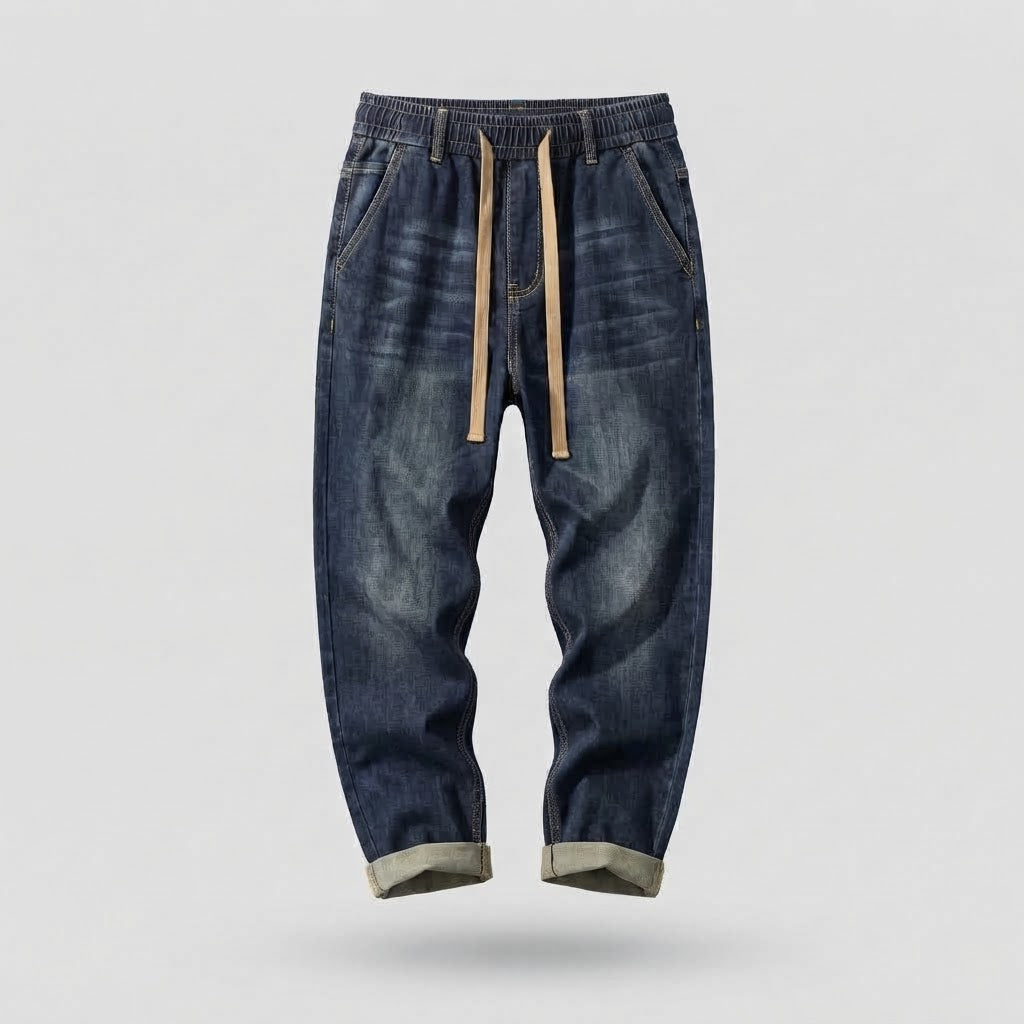 Men's Casual Denim Jogger Pants with Elastic Waistband and Drawstring EVA-US