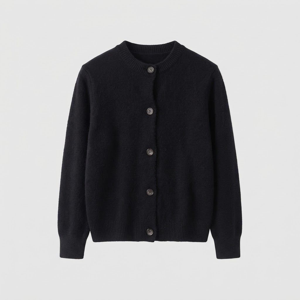 Women's fine-knit short cardigan with round neckline, fine ribbed edge, and subtly tailored silhouette EVA-US