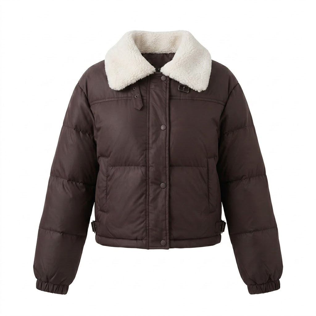 Women's short padded puffer with teddy collar, concealed snap button placket and travel insulation