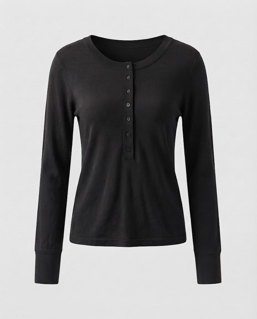 Ladies Fine Long Sleeve Henley made of fine knit with buttonable center placket and slim fit EVA-US
