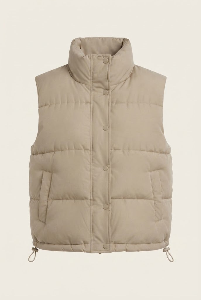 Ladies' puffy insulation vest with square construction and high stand-up collar