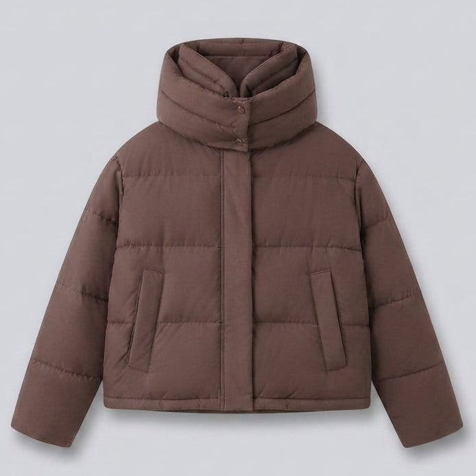 Women's nan boxy short quilted jacket with extra high hood trim and soft cuffs