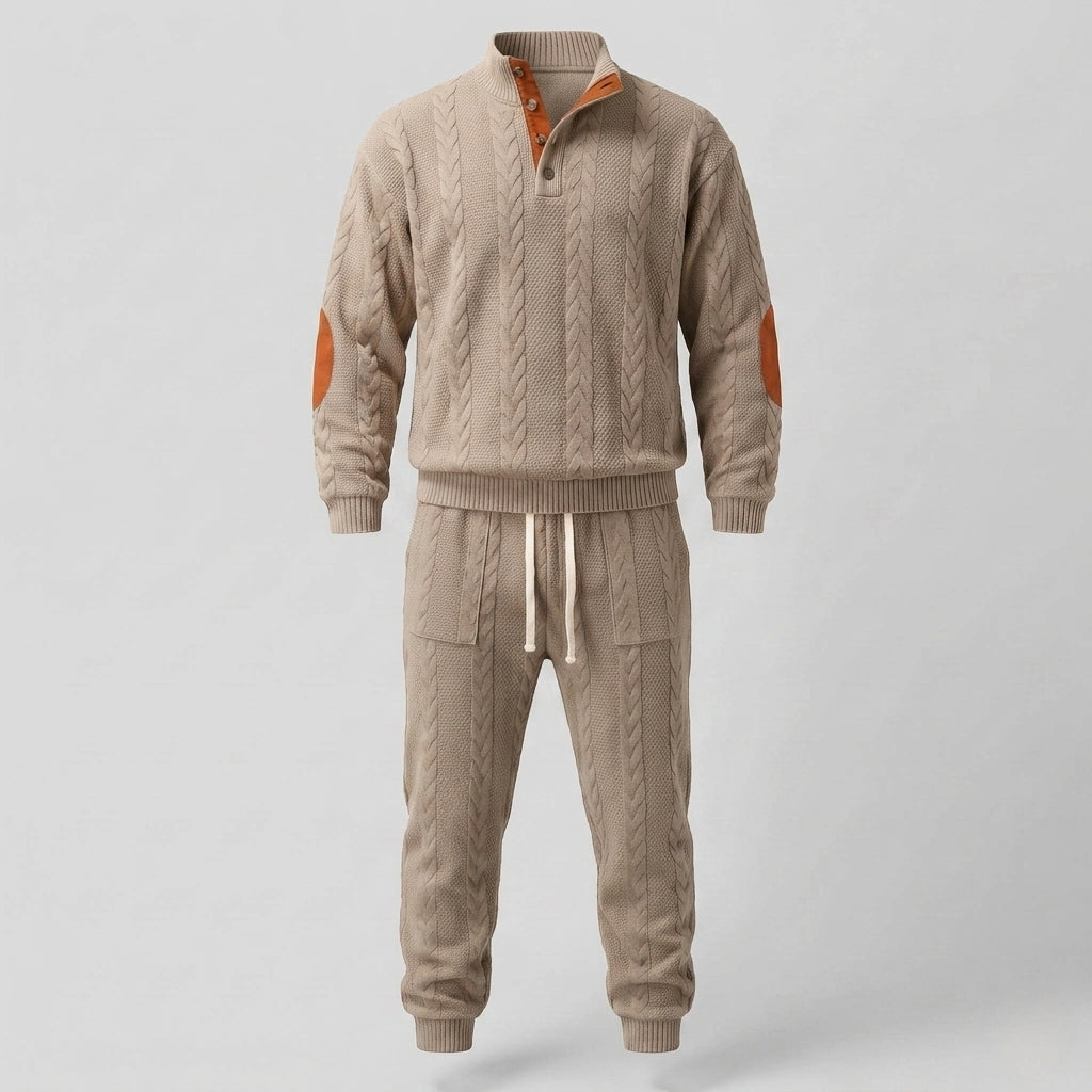 Men's Textured Cable Knit Loungewear Set with Henley Collar and Jogging Pants EVA-US