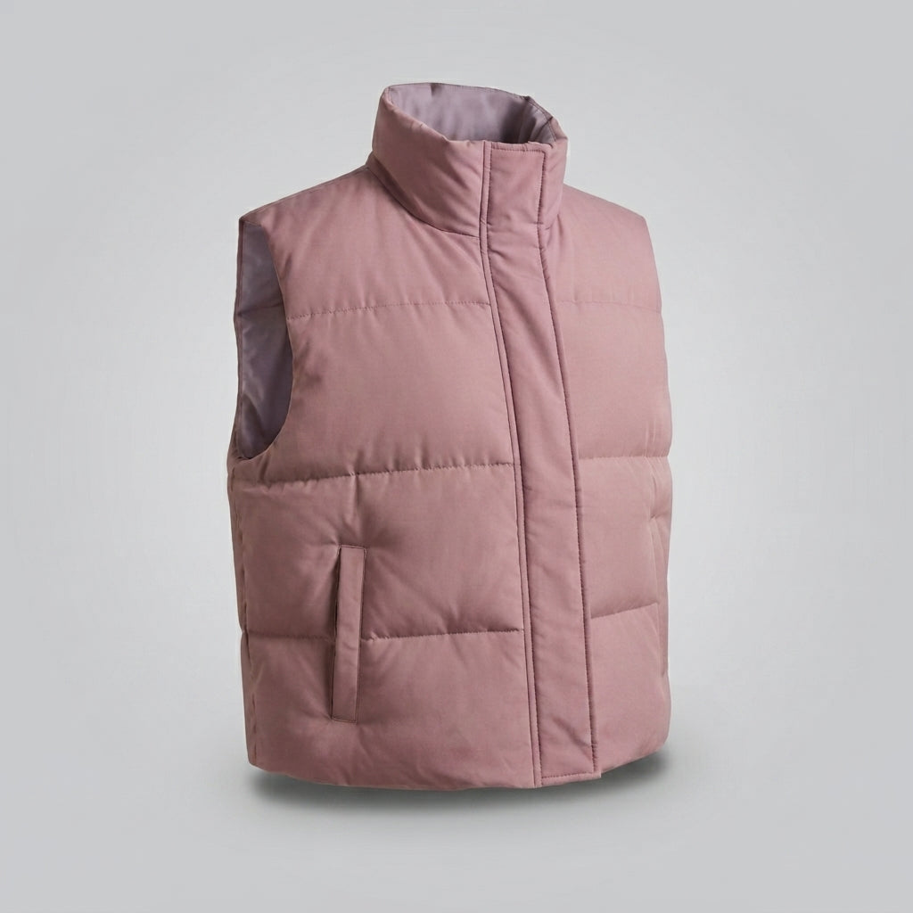 Women's sleeveless thermo quilted vest with high shawl collar and practical side pockets