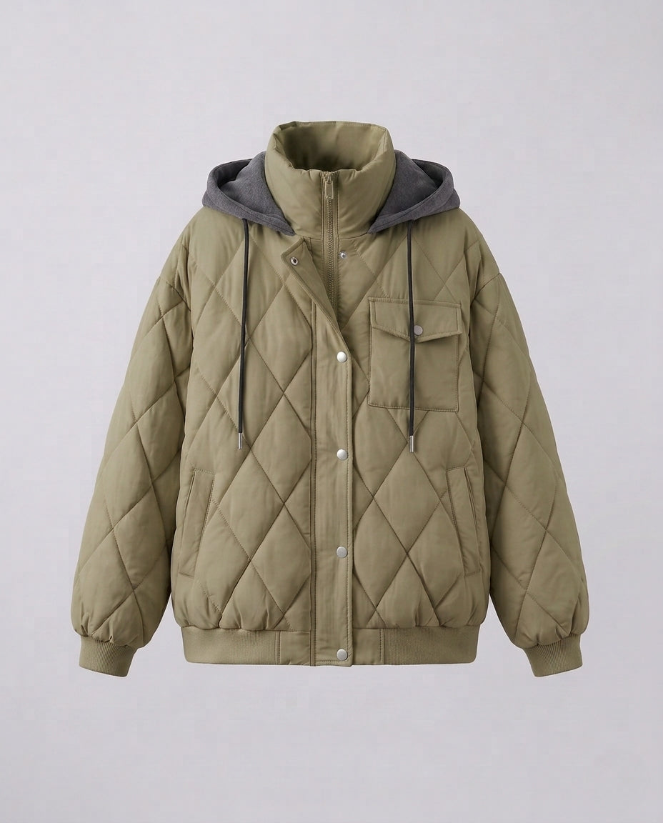 Women's oversized short jacket with diamond quilting, stand-up collar, and flap pockets