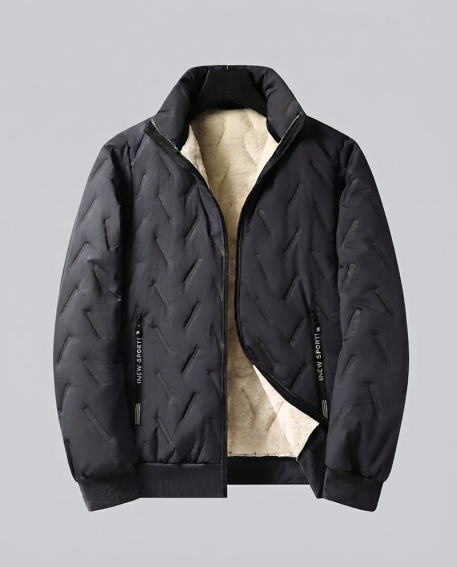 Men's quilted winter blouson with Sherpa lining, high standing collar, and concealed zip pockets