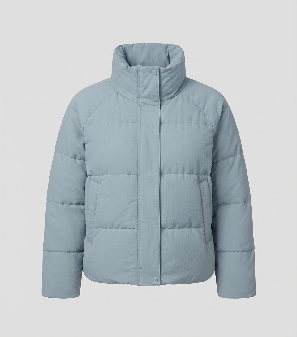 Women's short Cloud puffer jacket in boxy cut with square quilting, high stand-up collar and concealed press button placket