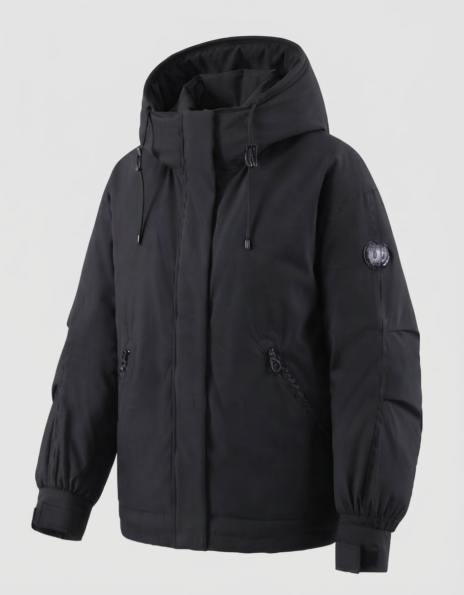 Women's nan windproof hoodie parka in a short cut with thermal padding and concealed front placket