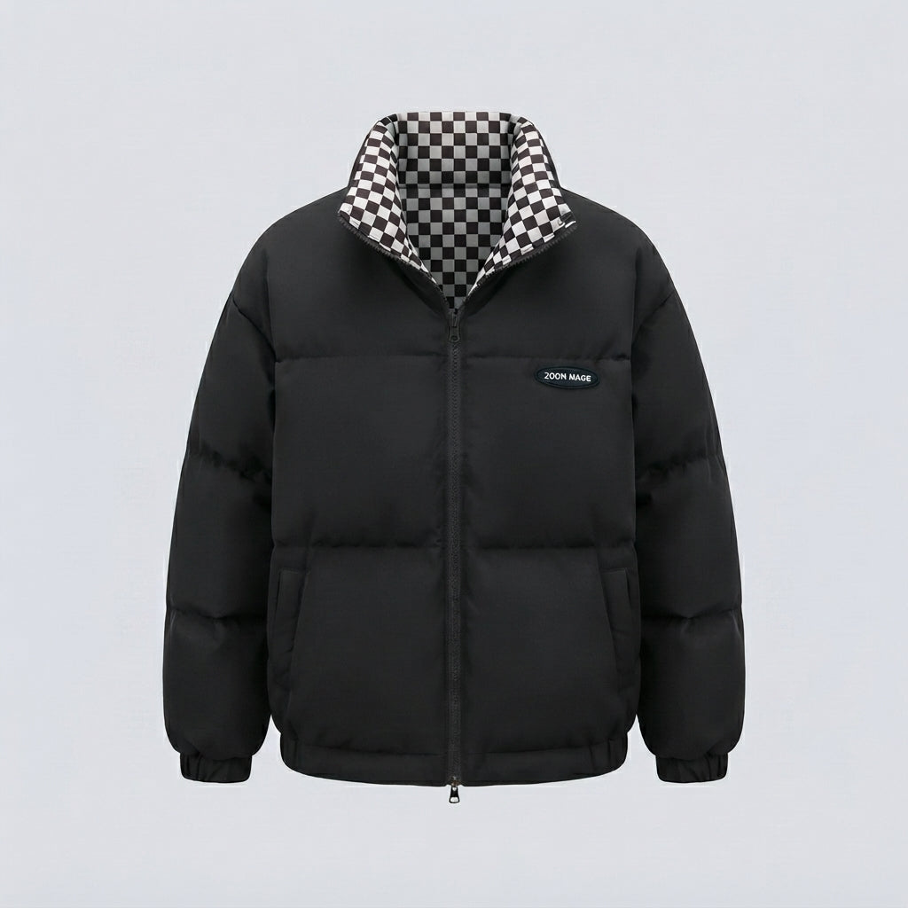 Women's short thermal puffer jacket with checked reversible lining and high stand-up collar