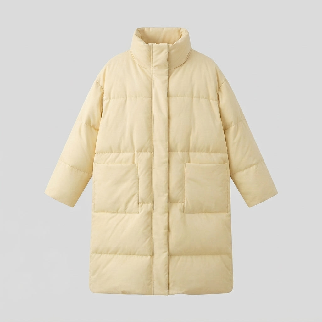 Women's nano extralong padded comfort puffer with noise-reducing surface, high stand collar, and generous oversized silhouette