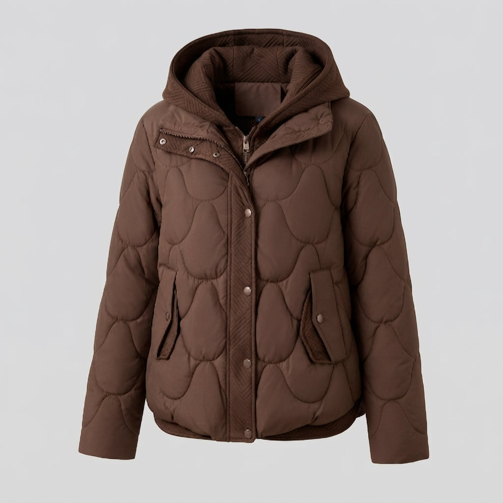 Women's short quilted boxy hooded jacket with organic round quilting and concealed front placket