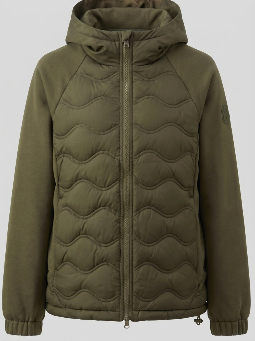 Women's quilted hybrid hoodie jacket with fleece sleeves, elastic cuffs, and wave quilting