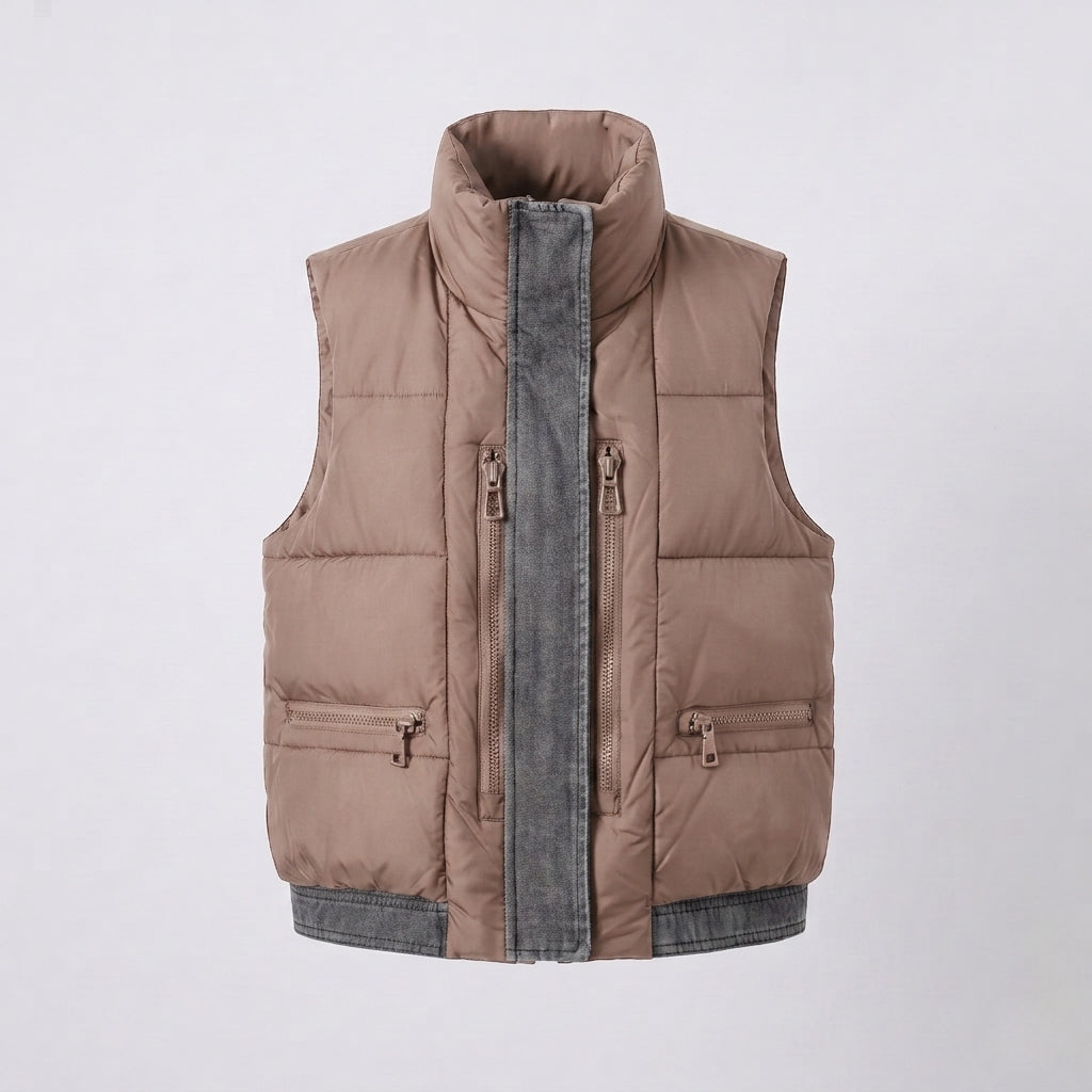 Women's quilted sleeveless quilted vest with high collar, jeans-look inner flap and concealed zipper pockets