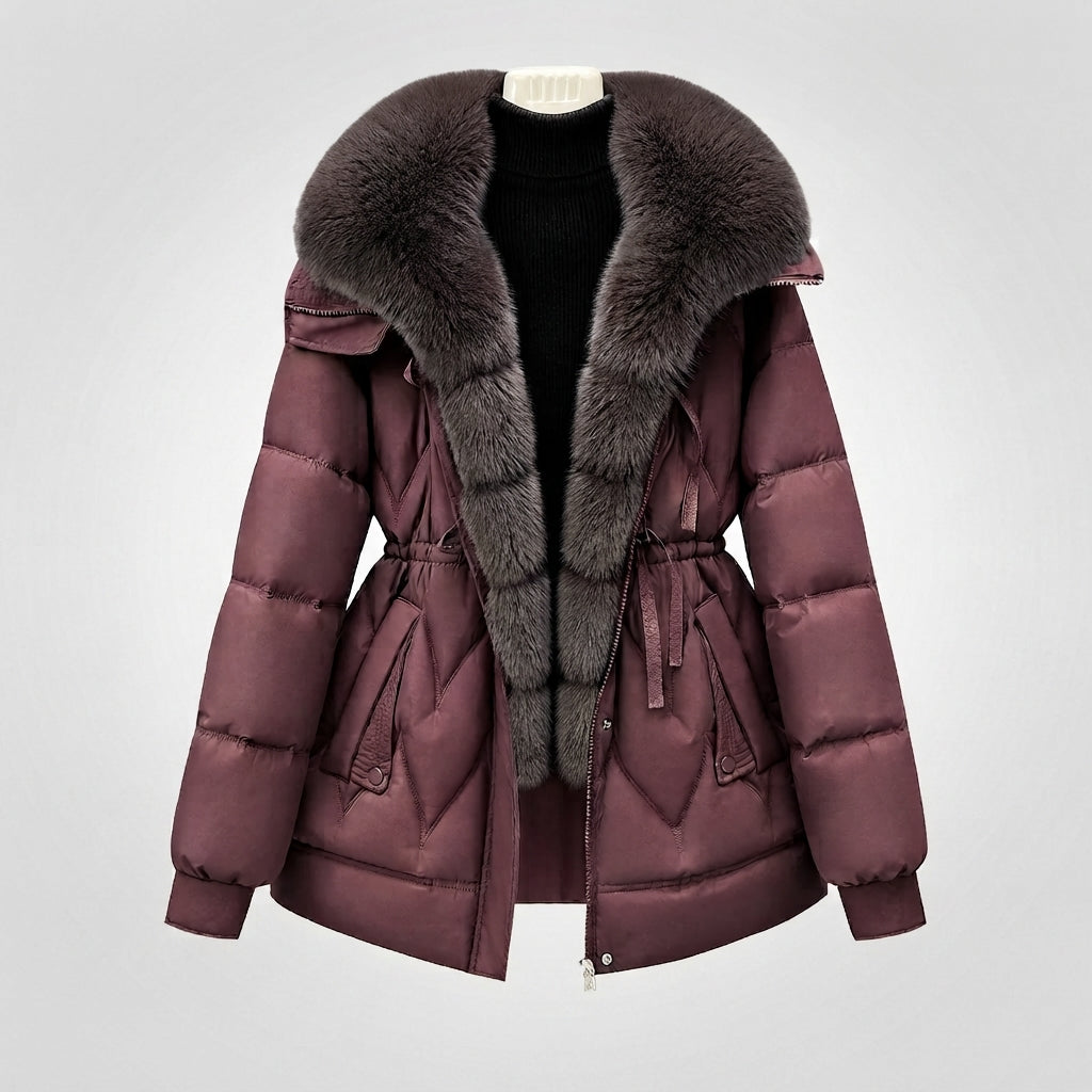 Women's padded parka with voluminous, removable collar and waist drawstring