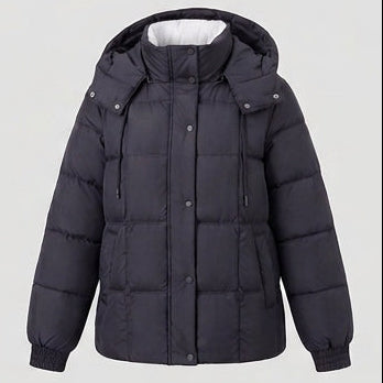 Women's shiny quilted jacket with integrated hood, two-way zipper, and thermal padding