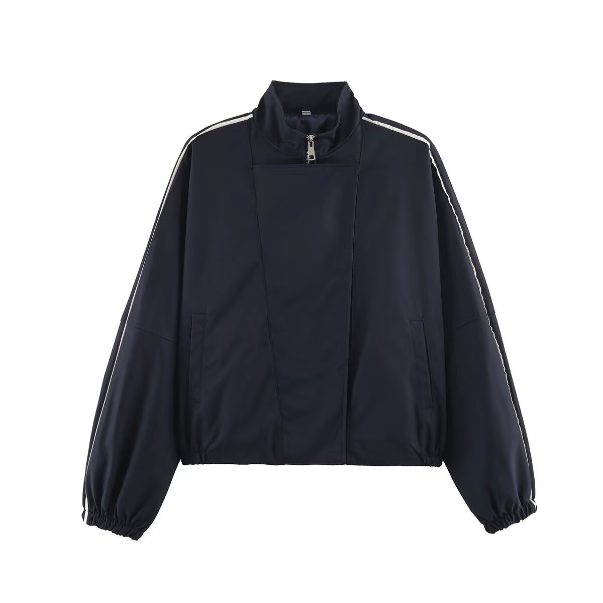 Women's Oversize Bomber Jacket in Blouson Style with High Stand-Up Collar, Concealed Zipper and Contrast Piping EVA-US