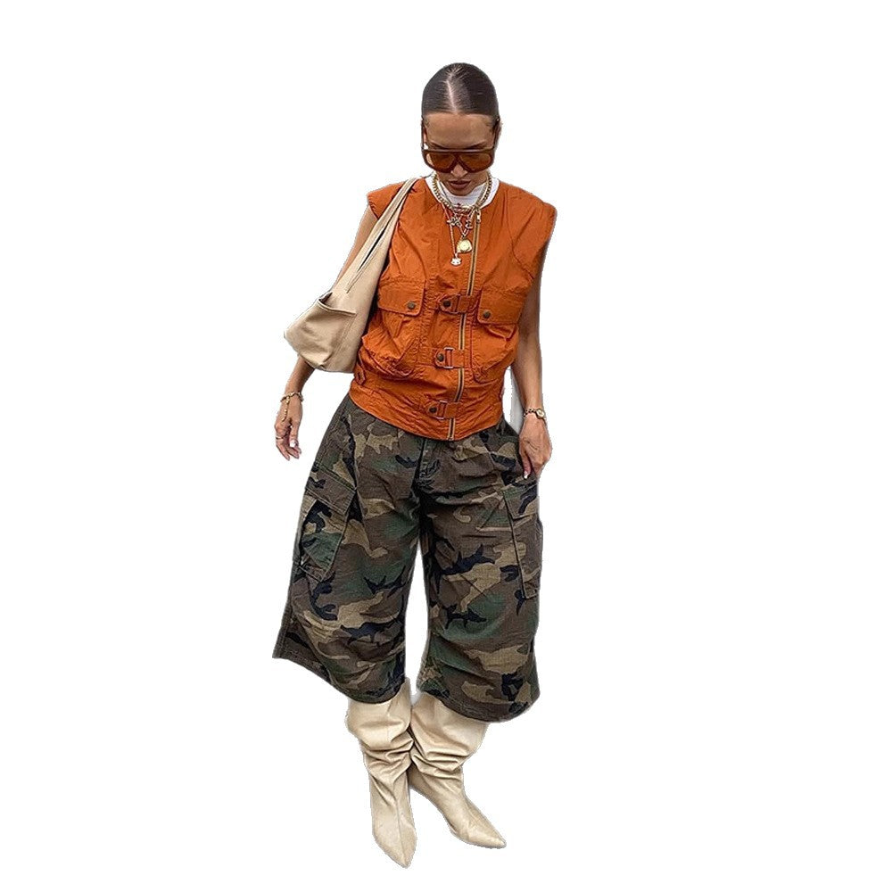 Women's Sleeveless Utility Vest with Zipper, Front Pockets and Buckles EVA-US