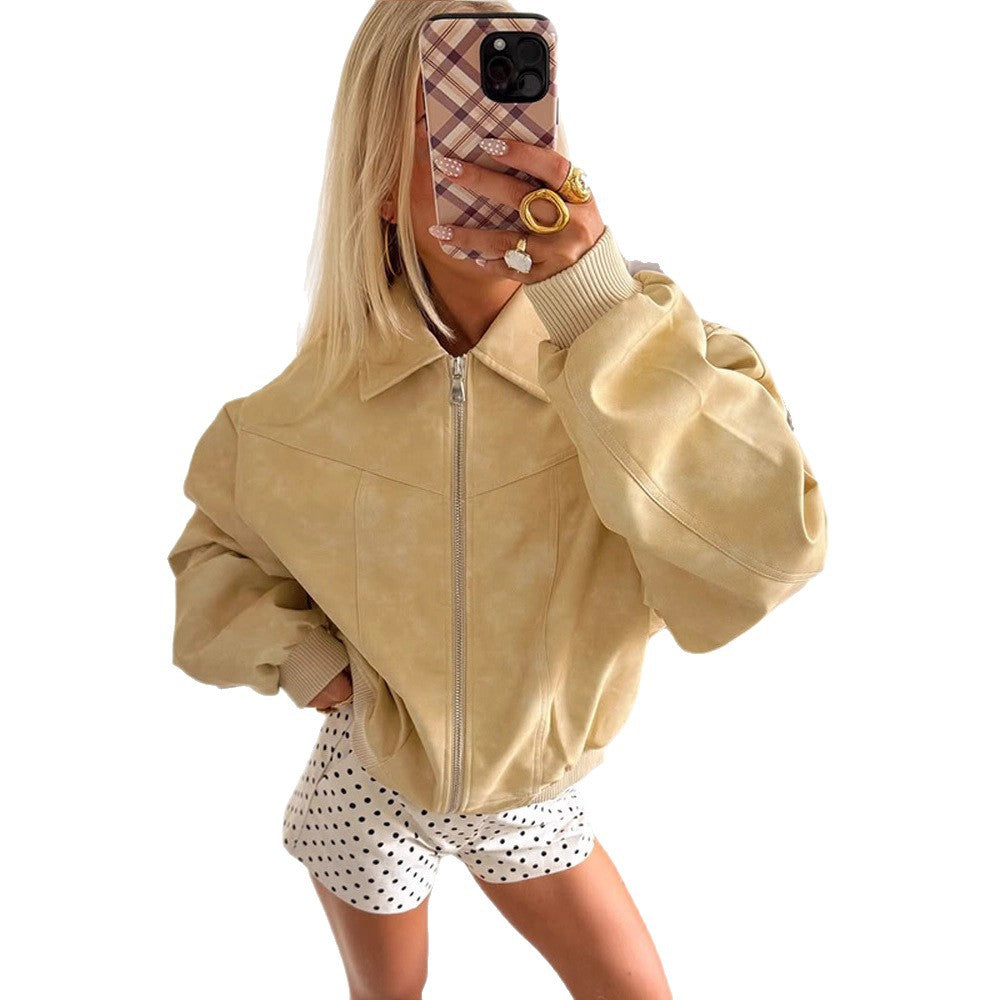 Women's Short Cut Oversized Bomber in Suede-Look with Continuous Zipper & Ribbed Cuffs EVA-US