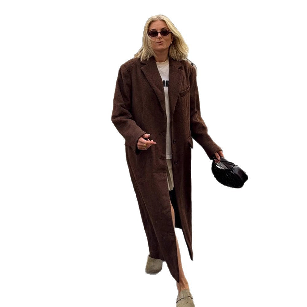 Women Maxilength Boxy Coat made of Teddy Faux Fur with Notched Collar and Insert Pockets EVA-US