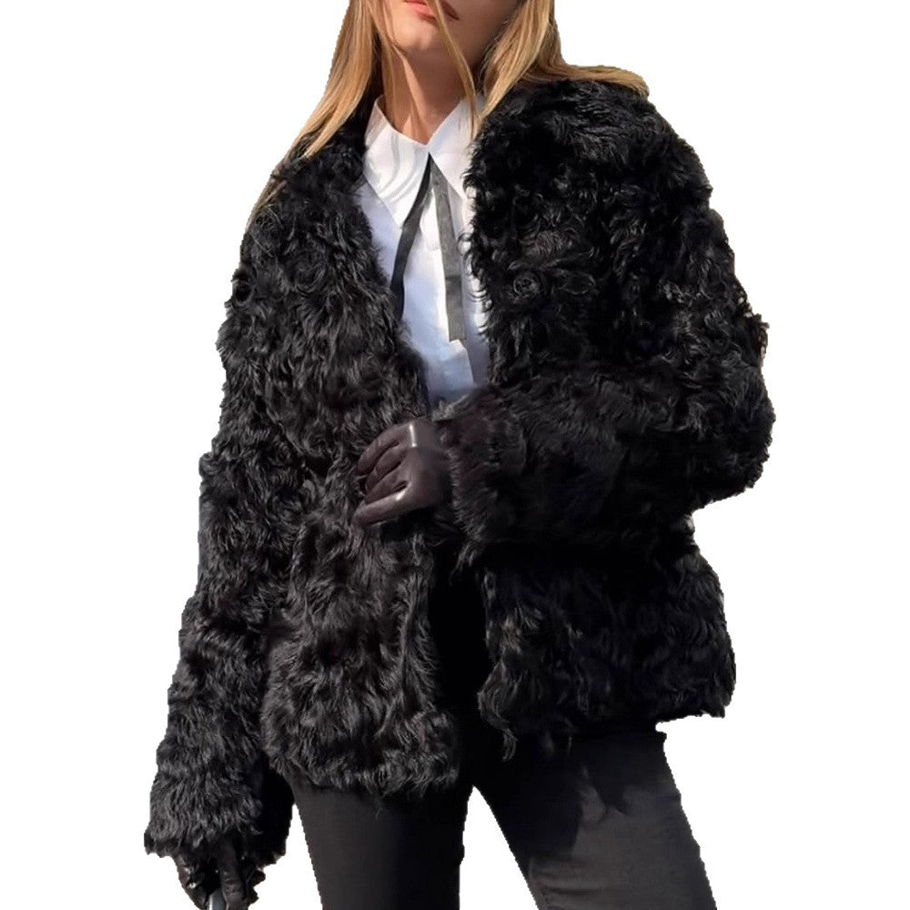 Women's Boxy Short Coat made of crinkled Faux Fur with structured wave pattern and open front EVA-US
