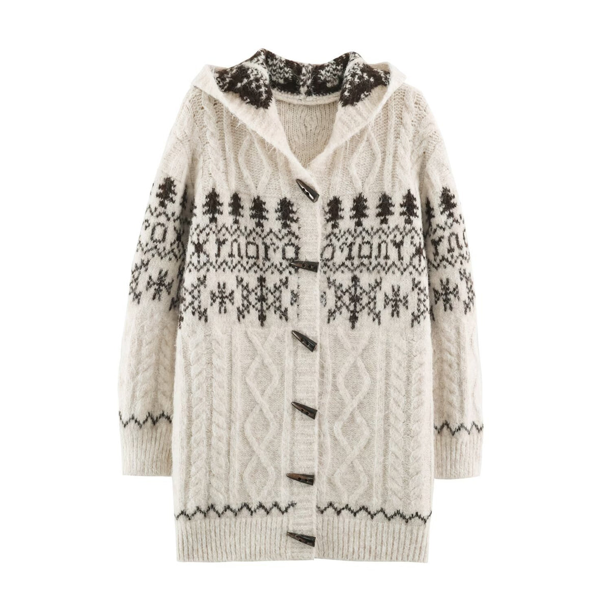 Women's Coarse Knit Hooded Cardigan with Horn Buttons and Norwegian Pattern EVA-US