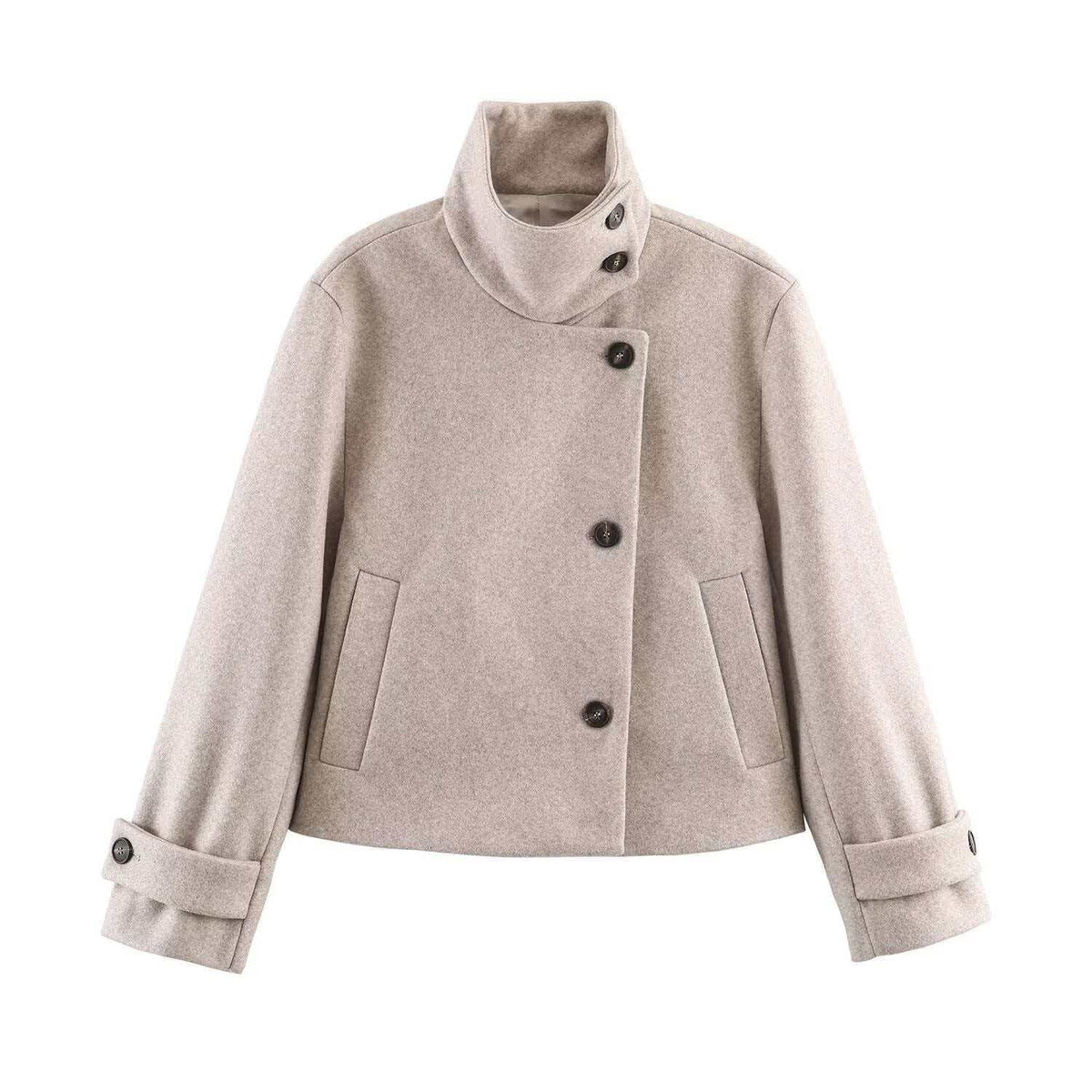 Women's short wool coat with high stand-up collar, asymmetric button placket and adjustable cuff straps EVA-US