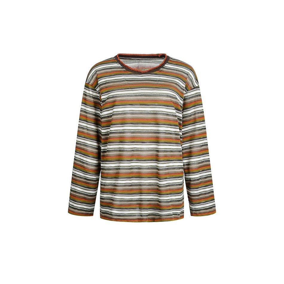 Women's Striped Fine Knit Long Sleeve Shirt in Relaxed Fit with Round Neck EVA-US