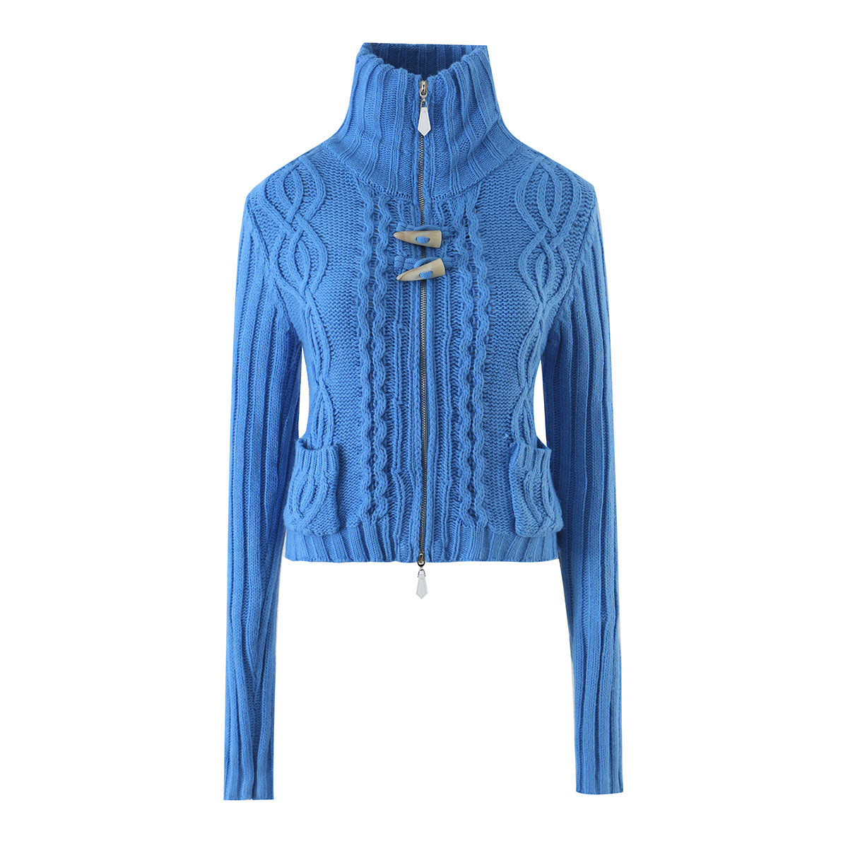 Ladies short knitted cardigan with stand-up collar, cable pattern, wooden button toggles and pockets EVA-US