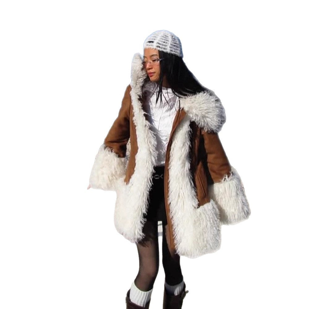 Women's short coat in lamb fur look with voluminous curly collar and contrast trim EVA-US