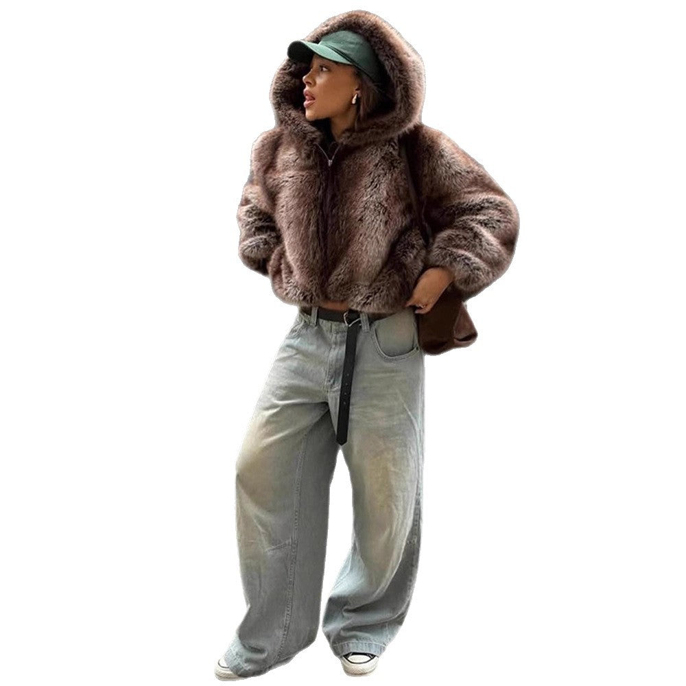 Women's Boxy Faux Fur Hoodie with Voluminous Hood and Loose Silhouette EVA-US