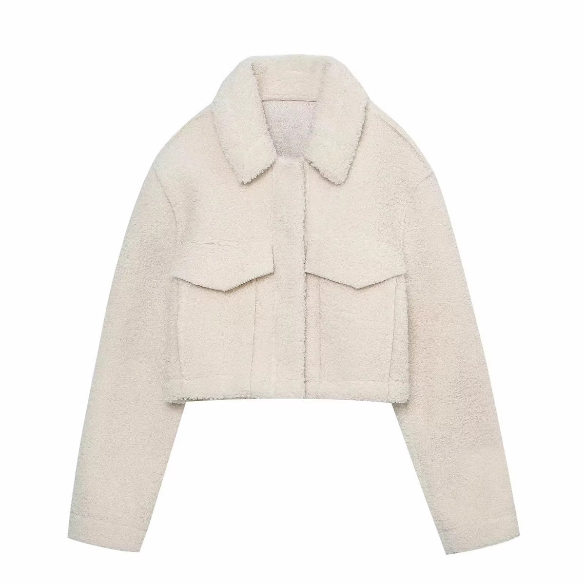 Women's Short Teddy Jacket in Sheepskin Look with Wide Collar and Patch Pockets EVA-US