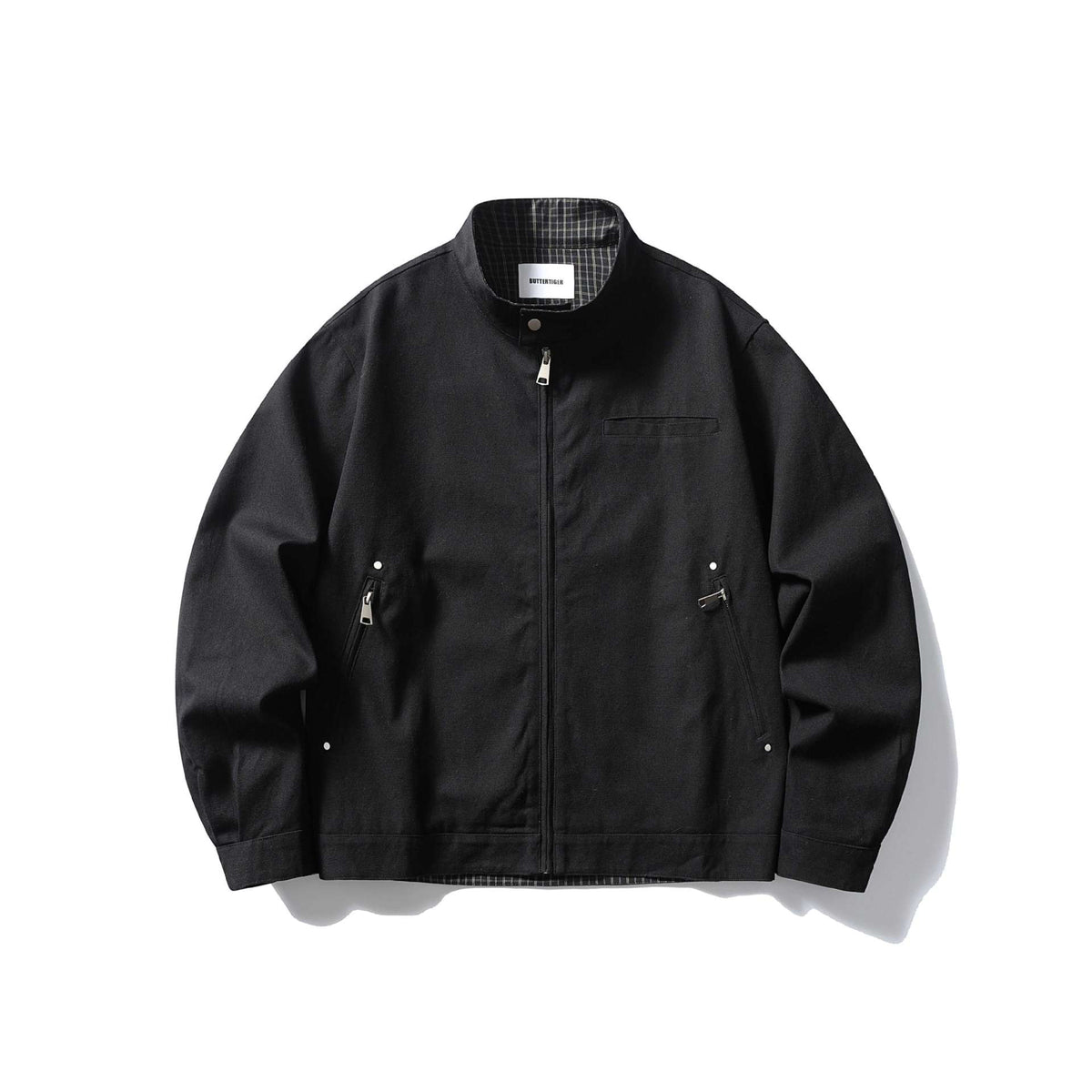Men's short jacket with stand-up collar, concealed zipper, and checked inner lining EVA-US