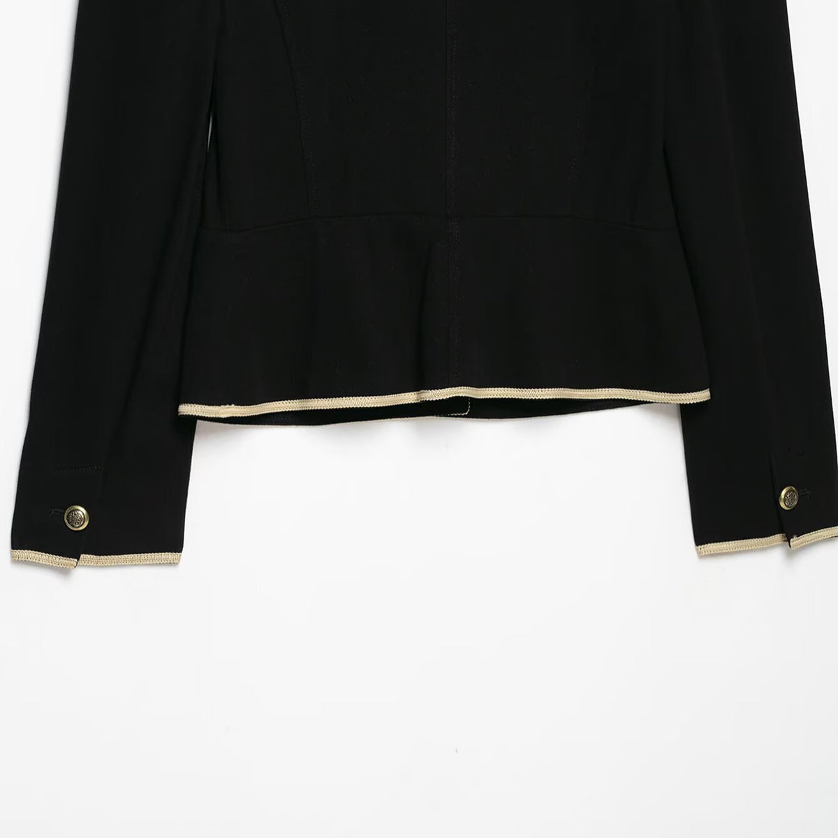 Women Cropped Short Blazer with Stand Collar, Decorative Piping and Medallion Buttons EVA-US