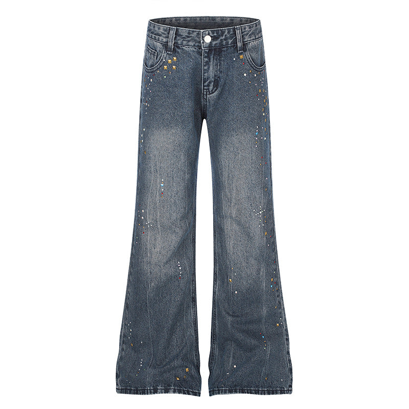 Women High-Waist Flared Jeans with Pearl and Stud Decoration EVA-US