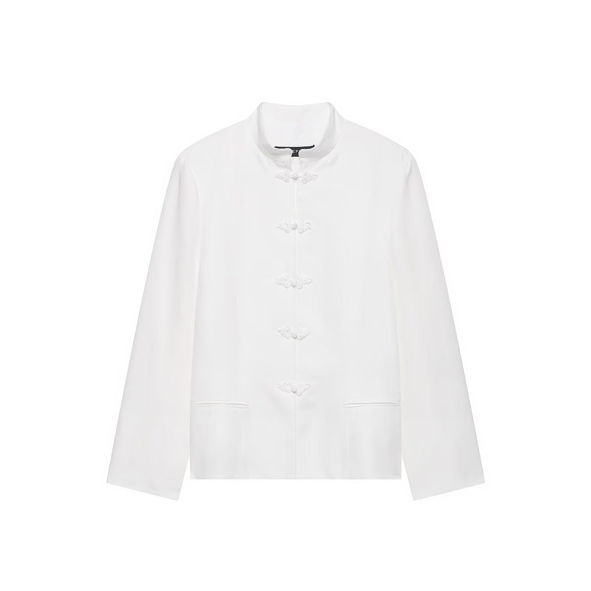 Women's Boxy Short Jacket with Stand-up Collar, Decorative Knot Closures and Welt Pockets EVA-US