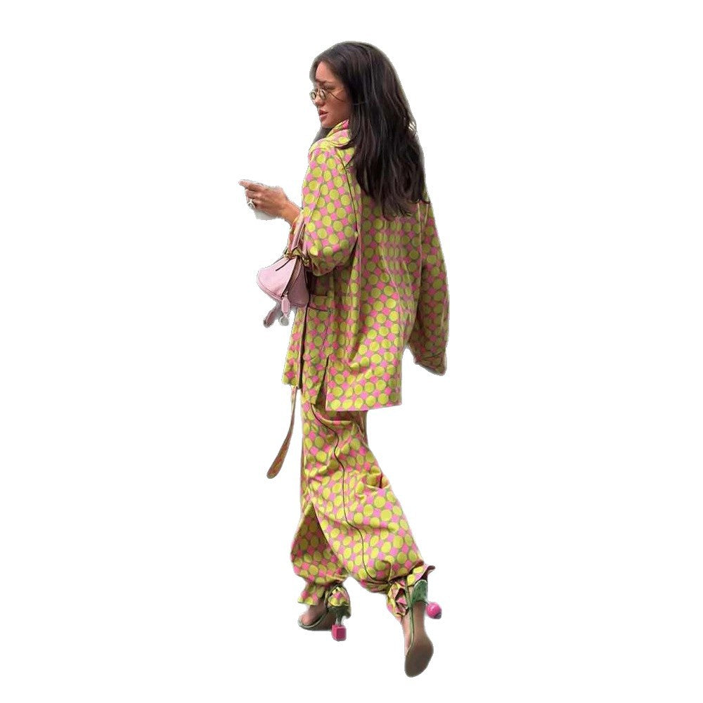 Women Two-Piece Silk Look Suit Set with Oversized Blazer, Wide Pleated Trousers & Matching Tube Scarf EVA-US
