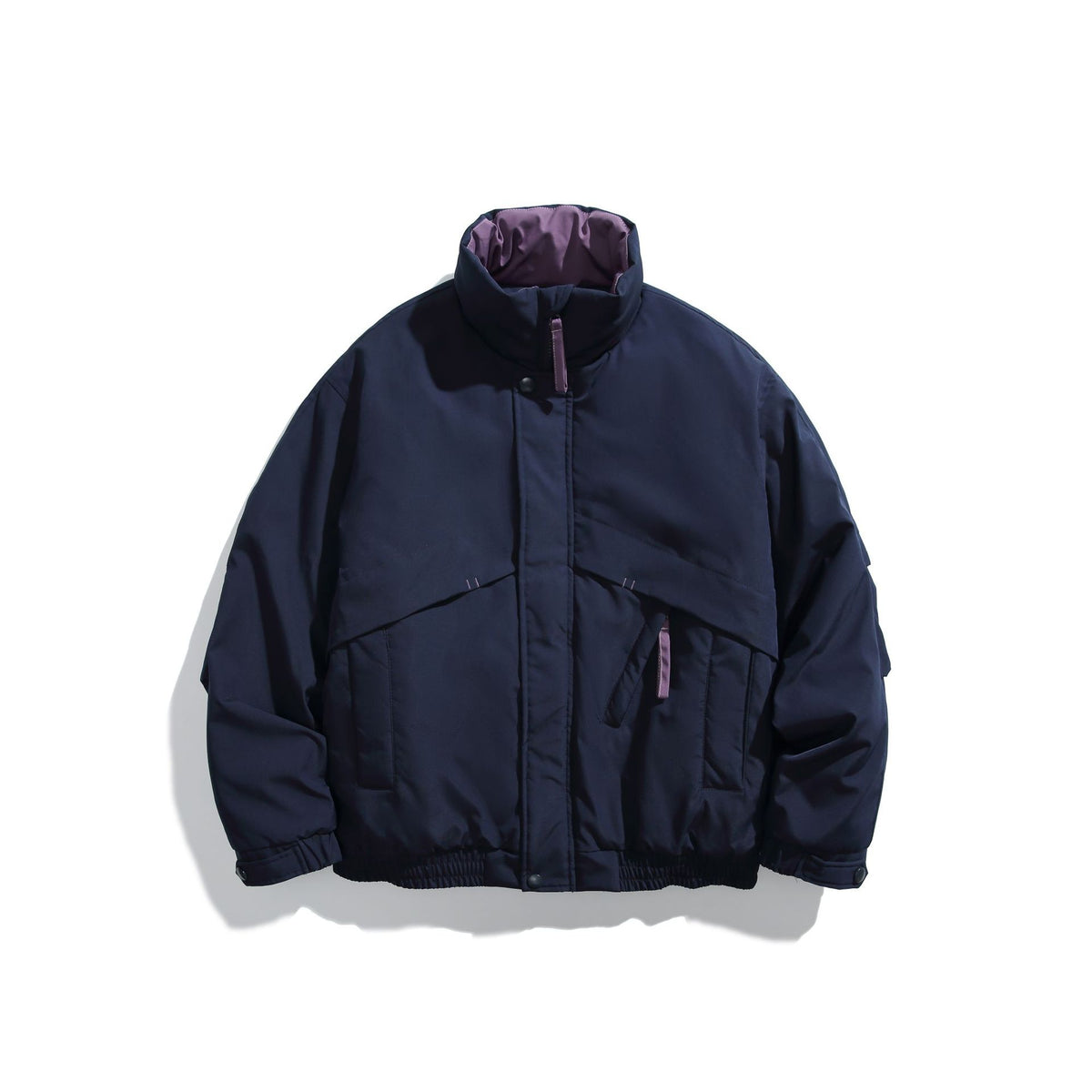Unisex Short Cut Padded Boxy Bomber Jacket with High Stand-up Collar and Diagonal Flap Pockets EVA-US