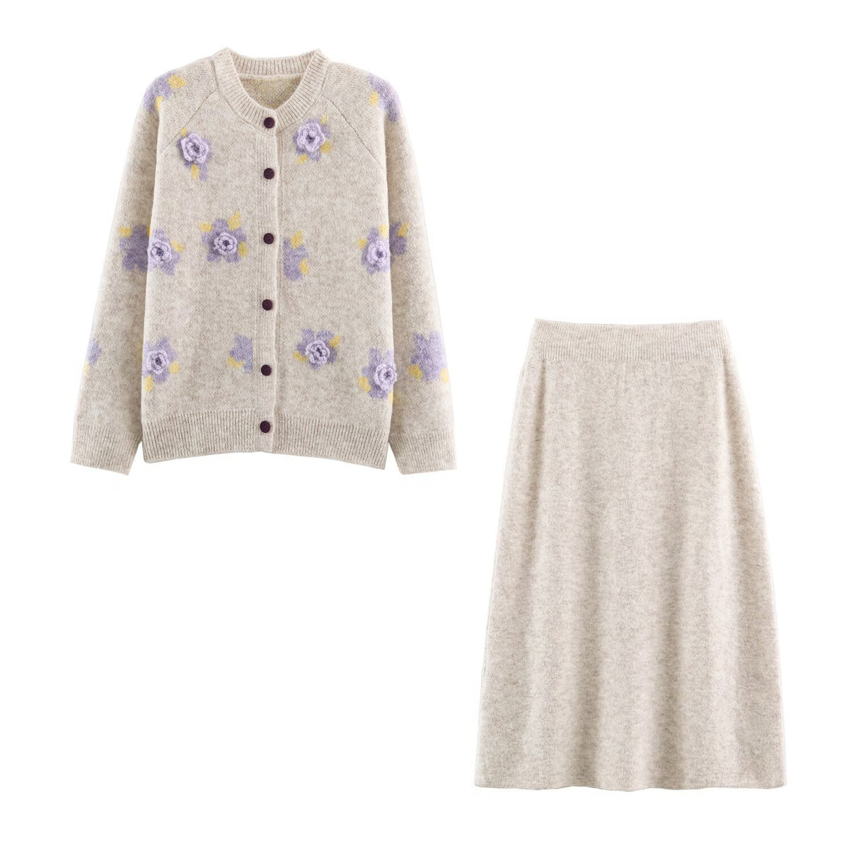 Women's Fine Knit Two-Piece Cardigan with Floral Jacquard and Tailored A-Line Knit Skirt EVA-US