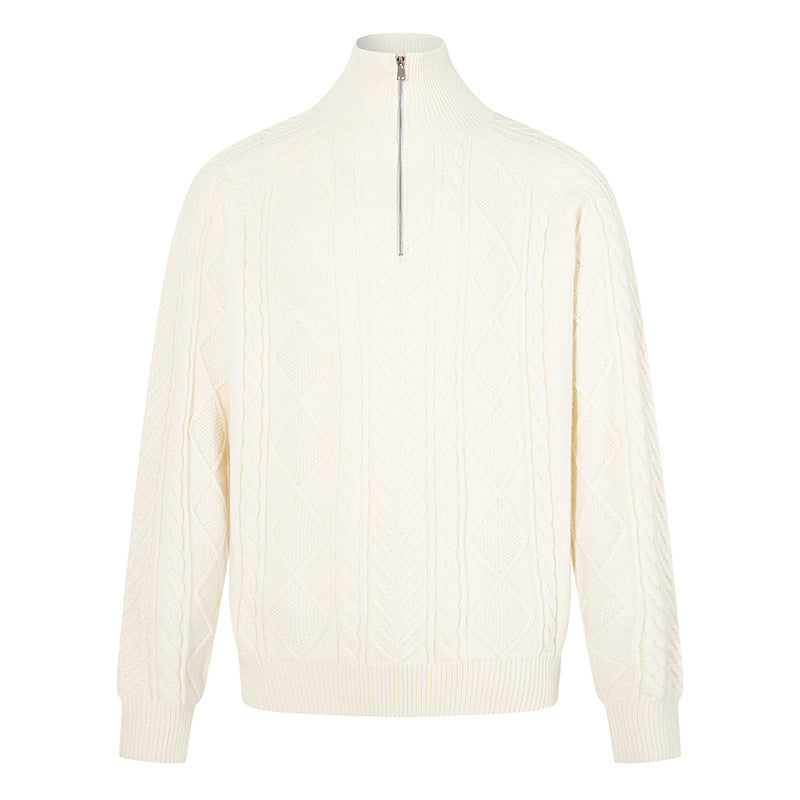 Women's Cable Knit Pullover with Short Zipper and Stand-Up Collar EVA-US