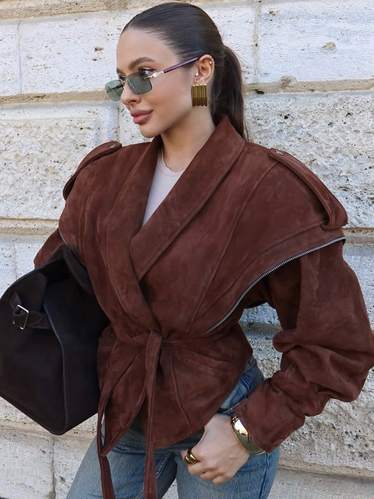 Ladies Velvet Leather Wrap Jacket with Wide Shawl Collar and Waist Belt EVA-US