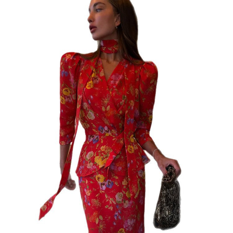 Women's wrap maxi dress with floral print, puff sleeves and shawl collar EVA-US