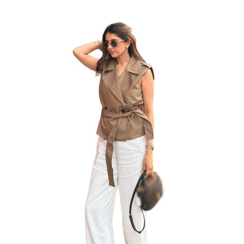 Women's sleeveless fitted trench vest with tie belt & shoulder patches EVA-US