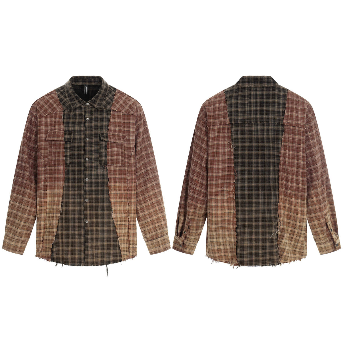 Men's Patchwork Flannel Overshirt with Frayed Edges EVA-US