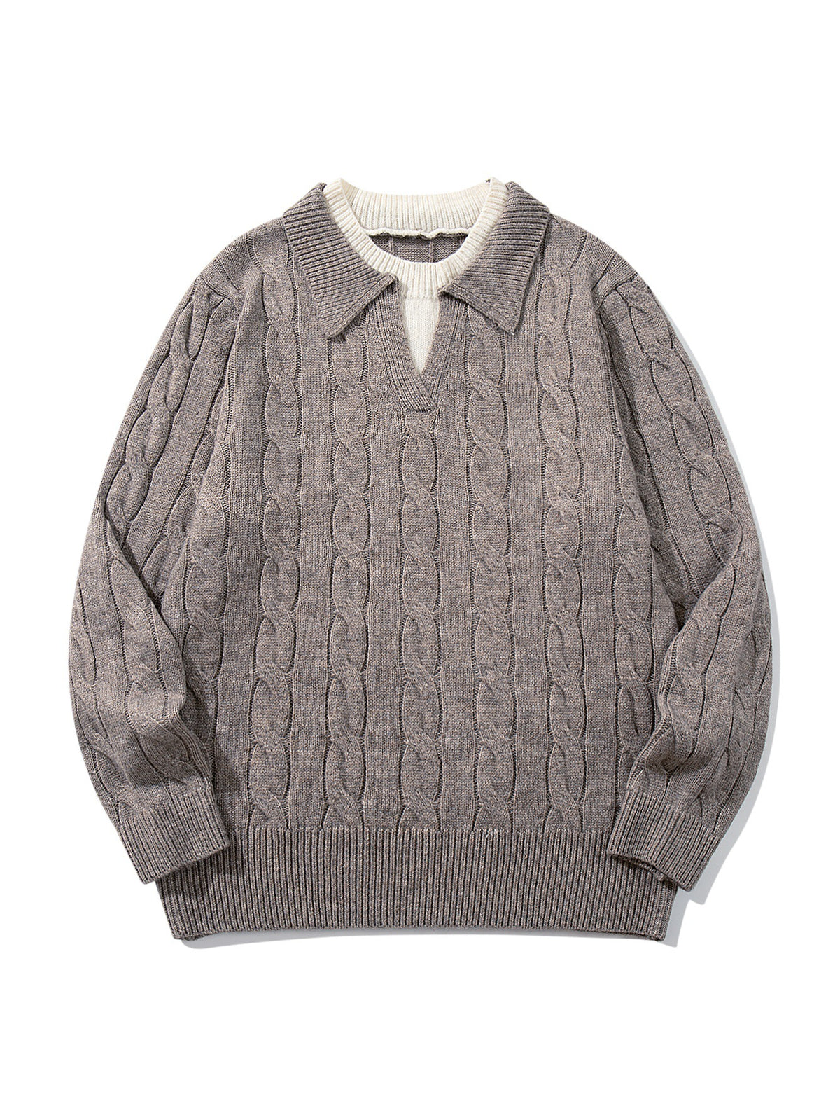 Unisex Structured Cable Knit Sweater with Polo Collar and Deep V-Neck EVA-US