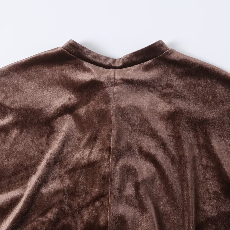 Women's Long Velvet Kimono-Style Coat with Mandarin Collar and Knot Closures EVA-US